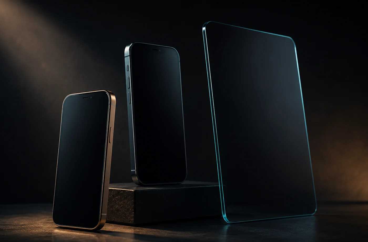 blank phone screens under teal studio glow for app store screenshot staging