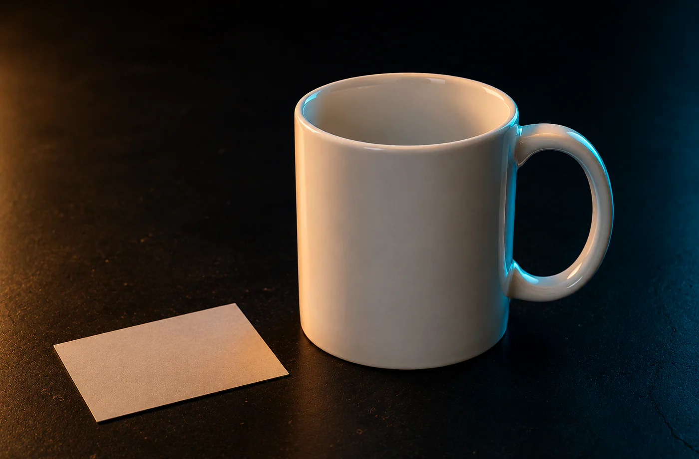 blank white ceramic mug under warm spotlight with teal reflections