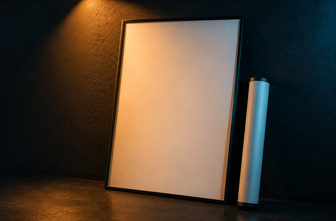 blank poster frame on a dark studio wall under warm spotlight